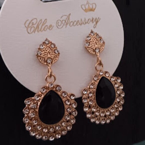 CHLOE ACCESSORY Glamorous Gold Black & Clear Crystal Pear Shaped Drop Earrings - Picture 2 of 3